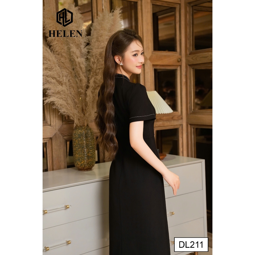 Đầm công sở HELEN thiết kế dáng xòe A màu đen cổ nơ đính cúc DL211