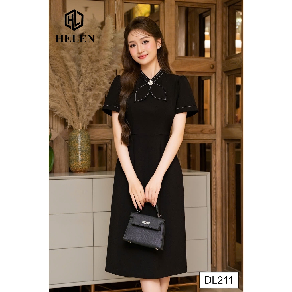 Đầm công sở HELEN thiết kế dáng xòe A màu đen cổ nơ đính cúc DL211