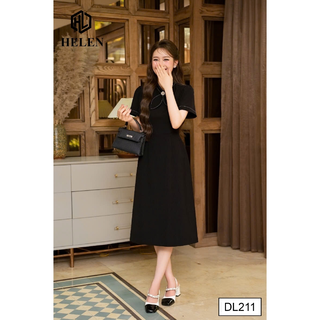 Đầm công sở HELEN thiết kế dáng xòe A màu đen cổ nơ đính cúc DL211