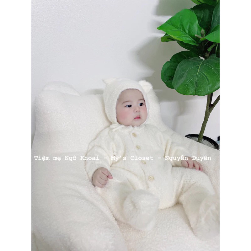 [MD21] Body suit len lông ấm áp liền tất kèm mũ gấu yêu cho bé
