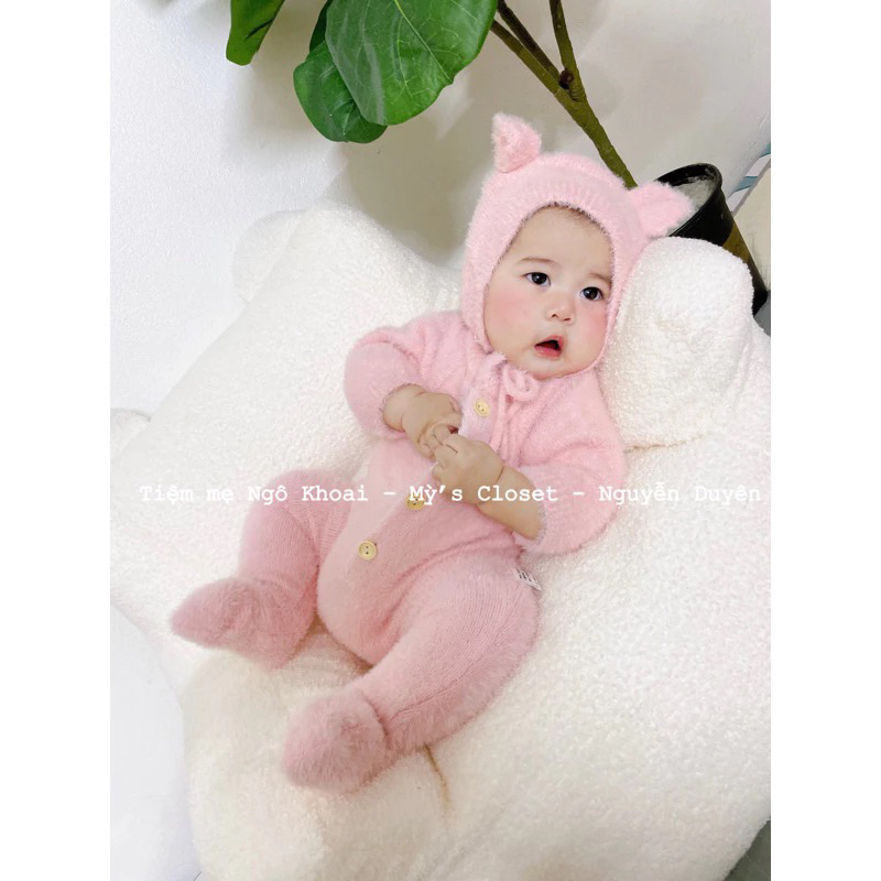 [MD21] Body suit len lông ấm áp liền tất kèm mũ gấu yêu cho bé