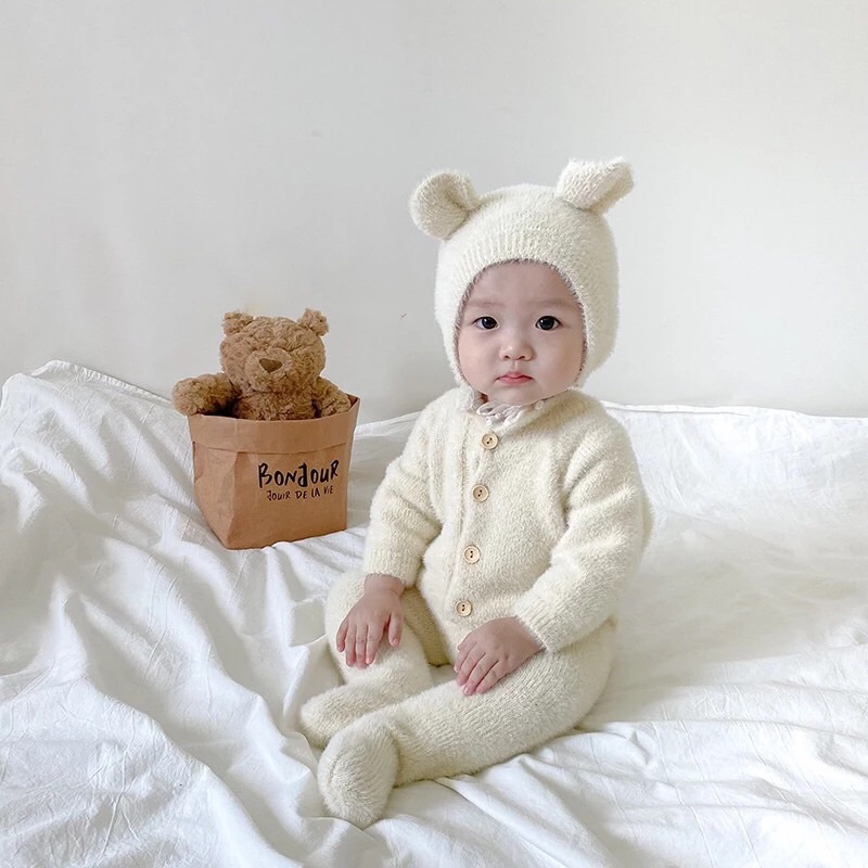 [MD21] Body suit len lông ấm áp liền tất kèm mũ gấu yêu cho bé