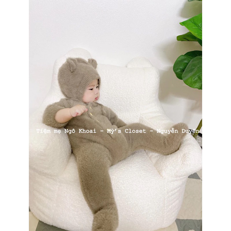 [MD21] Body suit len lông ấm áp liền tất kèm mũ gấu yêu cho bé