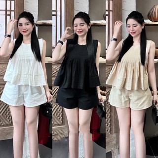 Đồ bộ nữ áo sát nách cổ tròn thiết kế cách điệu xếp ly mix quần short vải lien mềm mại D1547,set đồ nữ trẻ trung YuuMi