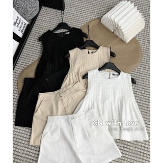 Đồ bộ nữ áo sát nách cổ tròn thiết kế cách điệu xếp ly mix quần short vải lien mềm mại D1547,set đồ nữ trẻ trung YuuMi