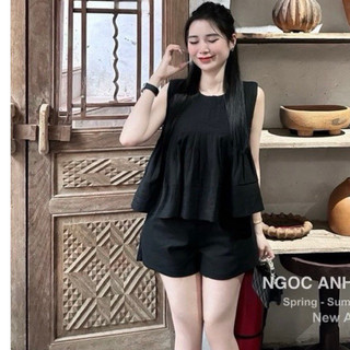 Đồ bộ nữ áo sát nách cổ tròn thiết kế cách điệu xếp ly mix quần short vải lien mềm mại D1547,set đồ nữ trẻ trung YuuMi