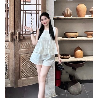 Đồ bộ nữ áo sát nách cổ tròn thiết kế cách điệu xếp ly mix quần short vải lien mềm mại D1547,set đồ nữ trẻ trung YuuMi