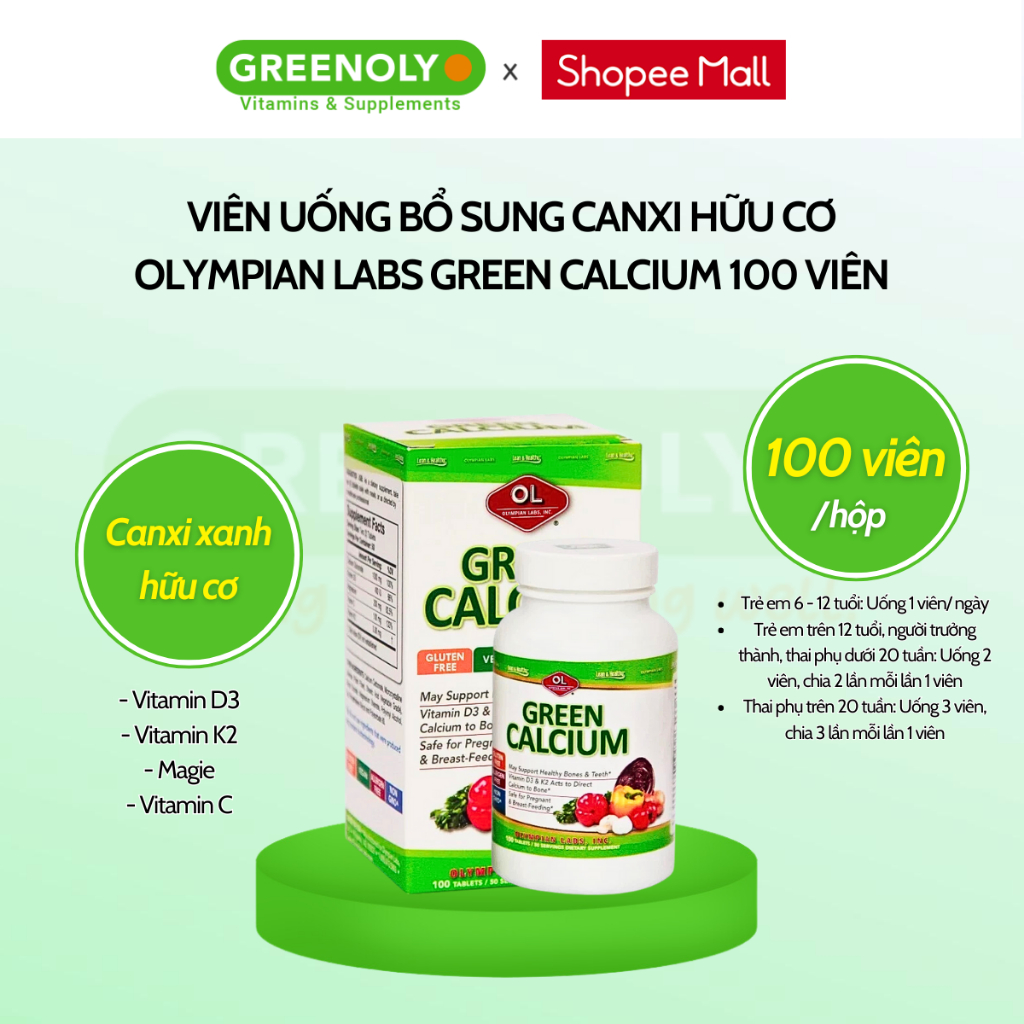 Ảnh Viên Uống Bổ Sung Canxi Hữu Cơ Olympian Labs Green Calcium Cho Bà Bầu, Sau Sinh Và Trẻ Em, Giúp Xương Chắc Khỏe 100 Viên 4