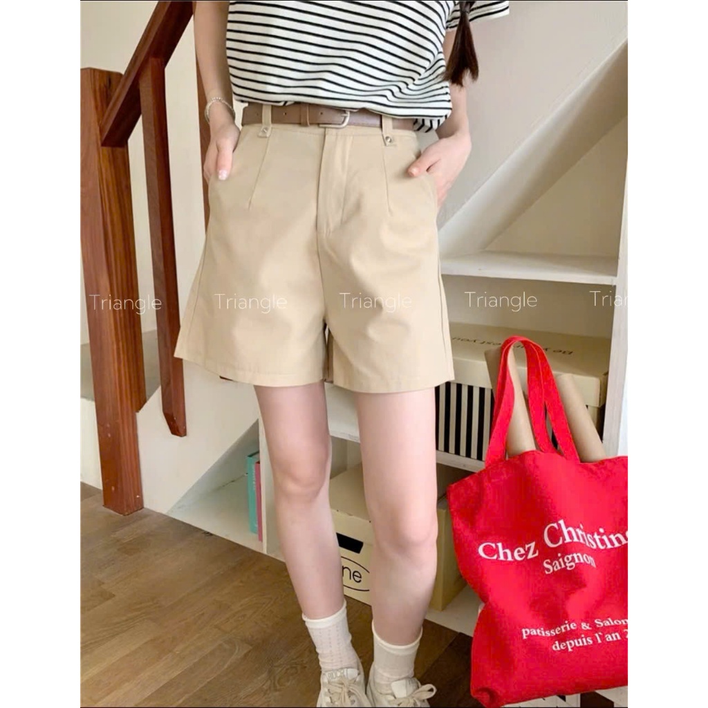 Triangle Bsic Short (Giá thanh lý, không hoàn) Quần short kaki dáng rộng dài vừa phải cạp cao có kèm thắt lưng