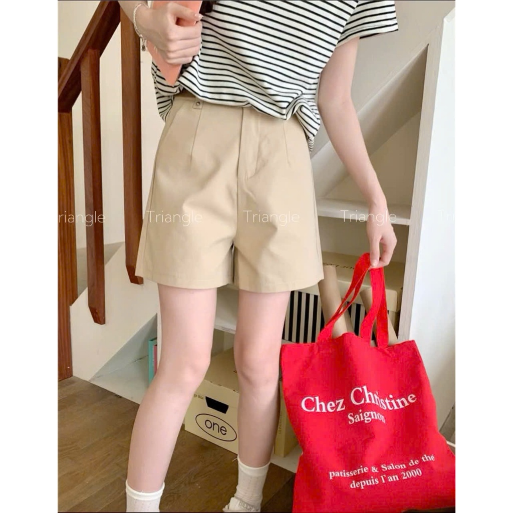 Triangle Bsic Short (Giá thanh lý, không hoàn) Quần short kaki dáng rộng dài vừa phải cạp cao có kèm thắt lưng