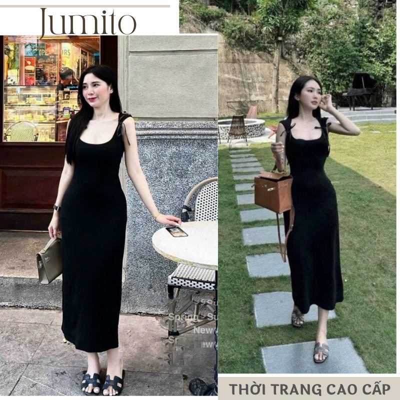 Váy nữ midi sát nách chất thun mềm min do giãn tốt dáng ômbody Jumito, đầm nữ màu đen tôn dáng chất liêu cao cấp D1624