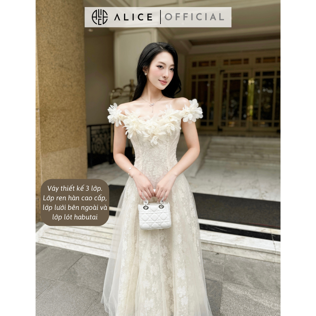 Ảnh Váy Ren Tiểu Thư Trễ Vai Đính Hoa Nổi Phối Lưới Xòe Bồng ALICE Phong Cách Điệu Đà, Nhẹ Nhàng V1244 4