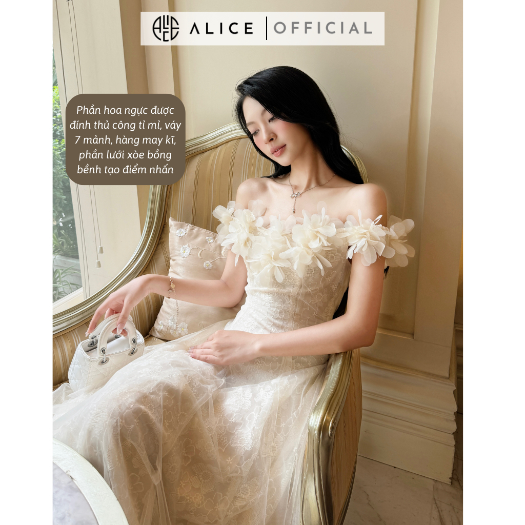 Váy Ren Tiểu Thư Trễ Vai Đính Hoa Nổi Phối Lưới Xòe Bồng ALICE Phong Cách Điệu Đà, Nhẹ Nhàng V1244