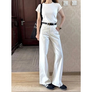 Quần jeans nữ trắng trơn ống suông cạp cao vải jean kaki dày phong cách ulzzang Hàn Quốc Jena (có size nấm)