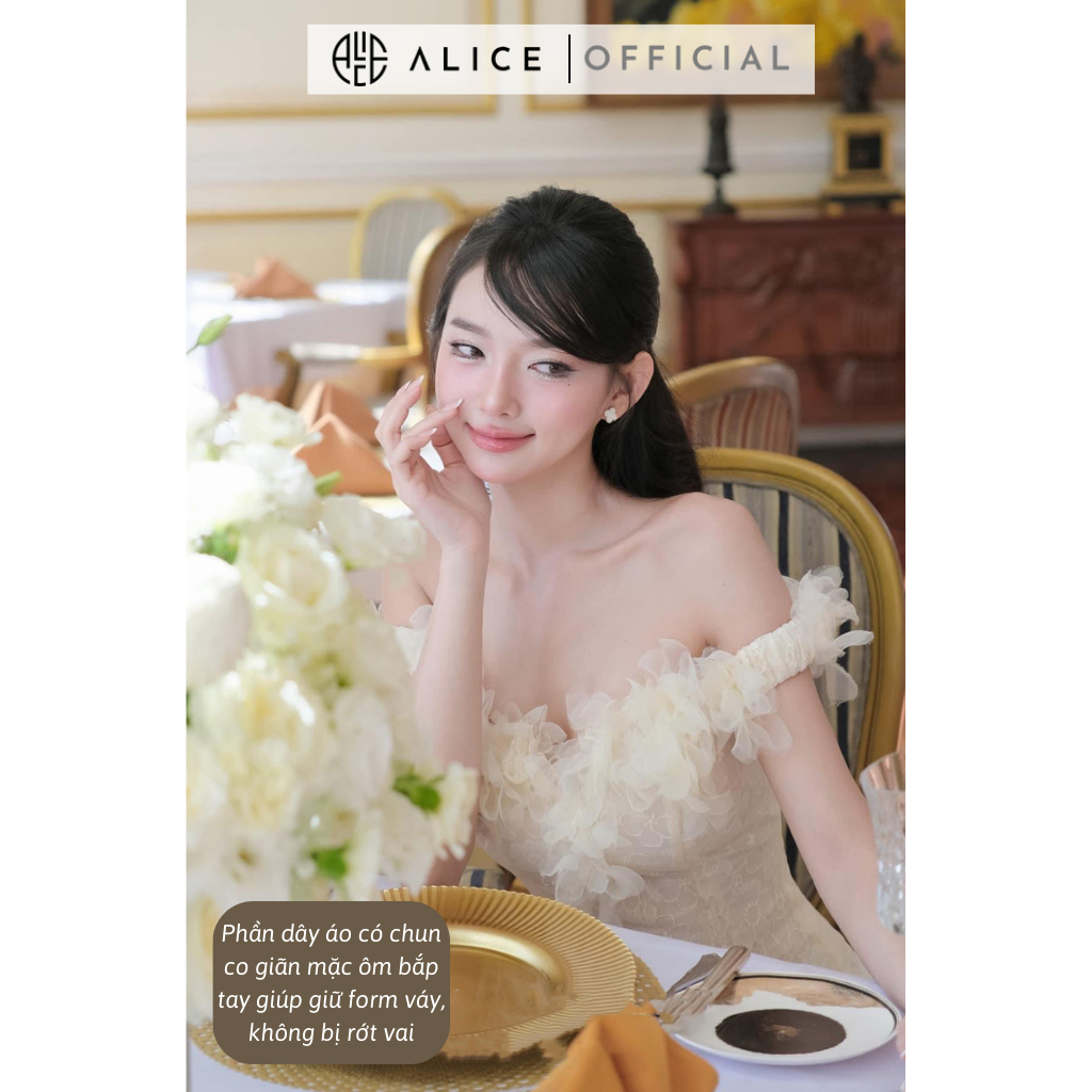 Váy Ren Tiểu Thư Trễ Vai Đính Hoa Nổi Phối Lưới Xòe Bồng ALICE Phong Cách Điệu Đà, Nhẹ Nhàng V1244