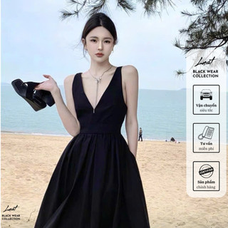 Váy thiết kế cổ V hở lưng dáng xòe cao cấp LUST chất liệu dày dặn V035