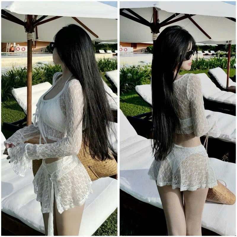 Đồ bơi đi biển, set bốn món BiKiNi phối lưới+ chân VÁY KHOEN dễ điều chỉnh áo sẵn mút HAN.T Shop HT010