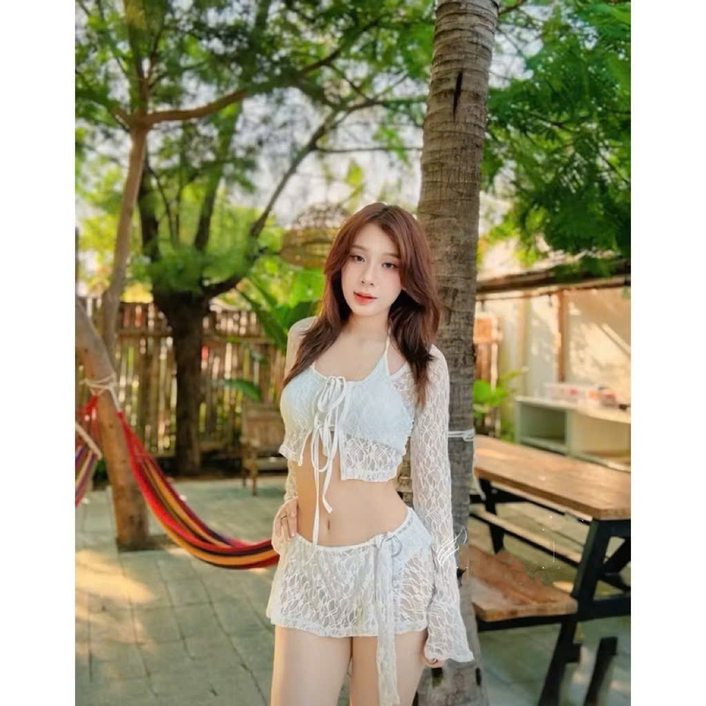 Đồ bơi đi biển, set bốn món BiKiNi phối lưới+ chân VÁY KHOEN dễ điều chỉnh áo sẵn mút HAN.T Shop HT010
