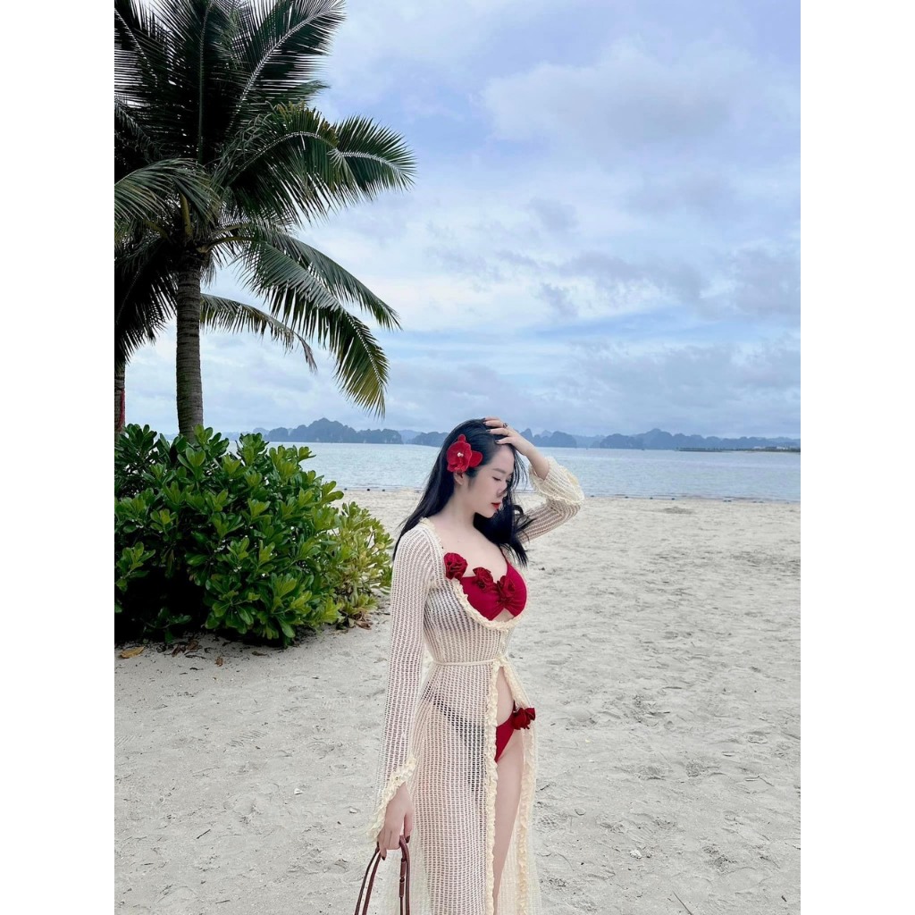 Đồ Bơi, Bikini áo bơi có mút kèm  BÔNG ĐỎ áo khoác ren dài vải chuẩn hình sang chảnh ,HAN.T Shop 011