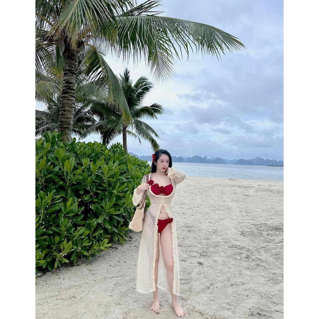 Đồ Bơi, Bikini áo bơi có mút kèm  BÔNG ĐỎ áo khoác ren dài vải chuẩn hình sang chảnh ,HAN.T Shop 011