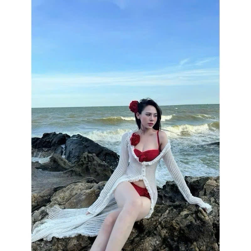 Đồ Bơi, Bikini áo bơi có mút kèm  BÔNG ĐỎ áo khoác ren dài vải chuẩn hình sang chảnh ,HAN.T Shop 011