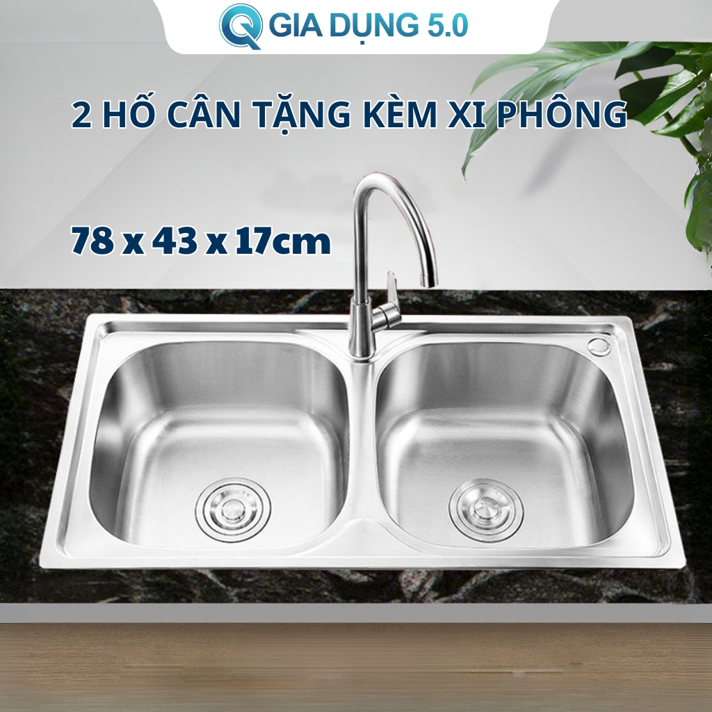 Chậu rửa chén bát 2 hố cân inox mỏng kích thước 78x43x23 cm độ bền cao ...