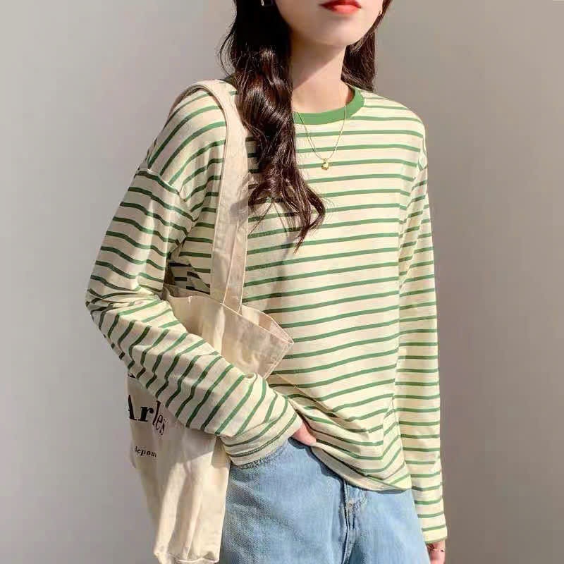 Áo dài tay Nữ Thu Đông, Áo dài tay kẻ sọc màu pastel JULYFASHION, Áo thun nữ mùa đông Chất vải cotton dày dặn phom rộng
