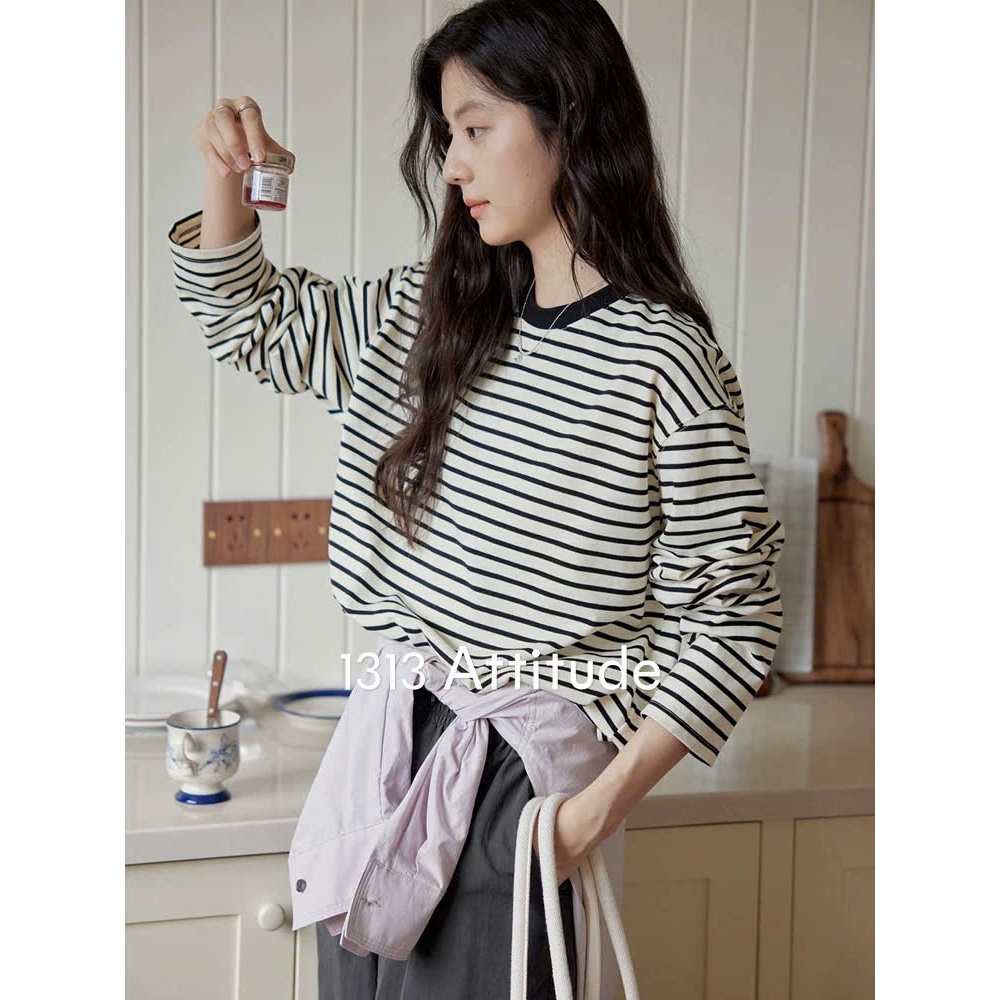 Áo dài tay Nữ Thu Đông, Áo dài tay kẻ sọc màu pastel JULYFASHION, Áo thun nữ mùa đông Chất vải cotton dày dặn phom rộng