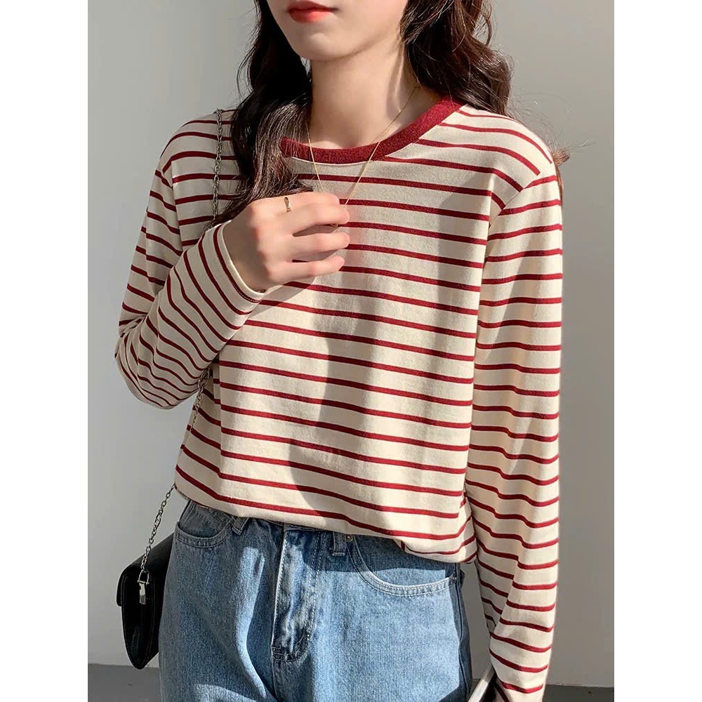 Áo dài tay Nữ Thu Đông, Áo dài tay kẻ sọc màu pastel JULYFASHION, Áo thun nữ mùa đông Chất vải cotton dày dặn phom rộng