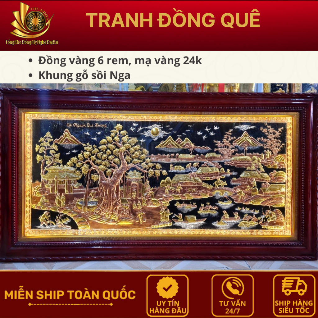 Tranh Đồng Quê 2m31x1m27 Cội Nguồn Quê Hương Bằng Đồng Dát V.àng   Khung Gỗ Sồi Nga