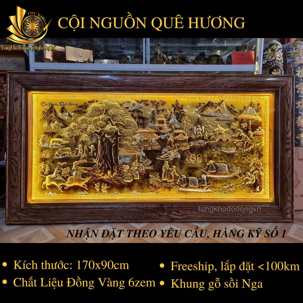 Tranh Đồng Quê 2m31x1m27 Cội Nguồn Quê Hương Bằng Đồng Dát V.àng   Khung Gỗ Sồi Nga