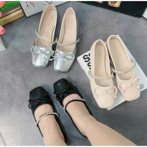 Giày Bệt Nữ Mũi Tròn Nơ Nhỏ Phối Quai Ngang Đính Đá D55