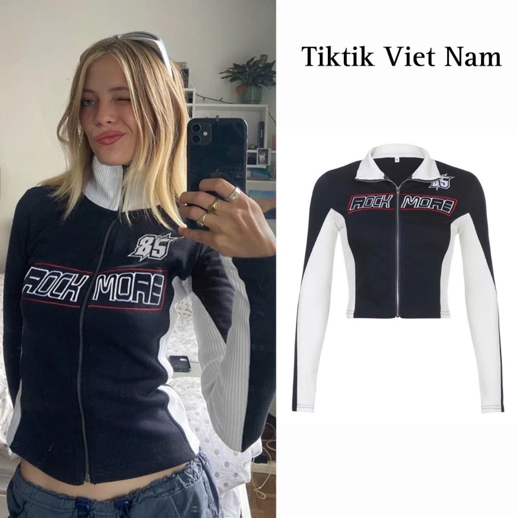 Áo khoác khóa zip màu xanh than chất liệu nhung tăm dáng ôm body chữ ROCK MORE phong cách y2k AK002 - Tiktik