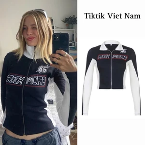Áo khoác khóa zip màu xanh than chất liệu nhung tăm dáng ôm body chữ ROCK MORE phong cách y2k AK002 - Tiktik
