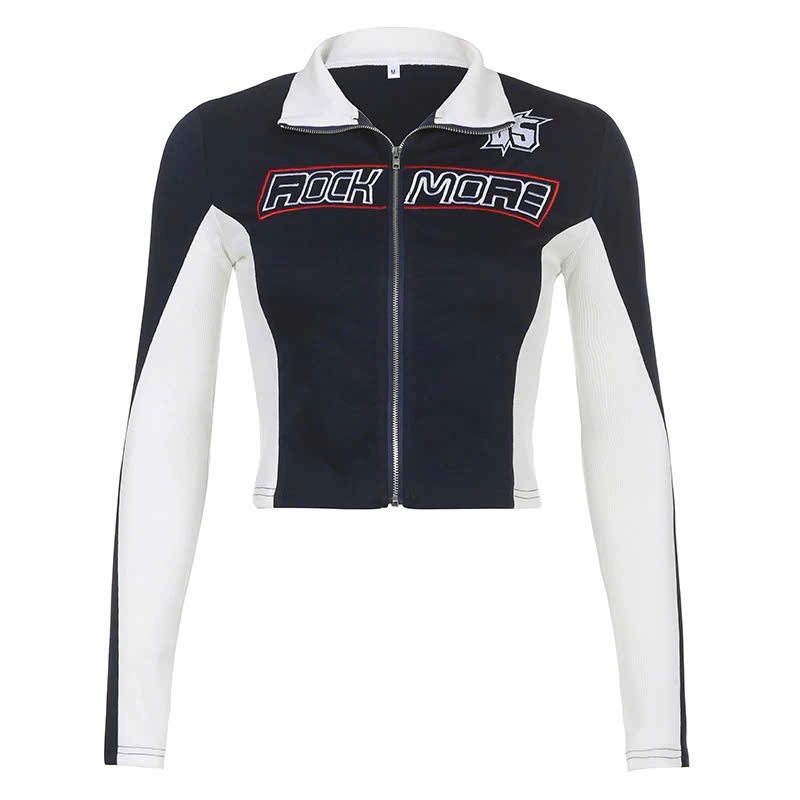 Áo khoác khóa zip màu xanh than chất liệu nhung tăm dáng ôm body chữ ROCK MORE phong cách y2k AK002 - Tiktik