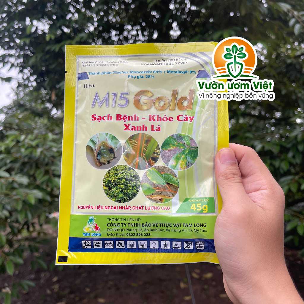 Thuốc trừ bệnh M15 Gold trị thán thư, cháy lá, xì mủ, sương mai, nấm hồng, lở cổ rễ, bạc lá - 45gr