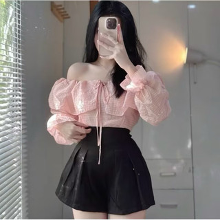 Áo kiểu trễ vai,tay dai hoe cột nơ,chất lụa tơ mềm, hai lớp có lót mút