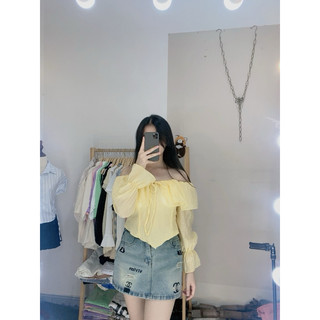 Áo kiểu trễ vai,tay dai hoe cột nơ,chất lụa tơ mềm, hai lớp có lót mút