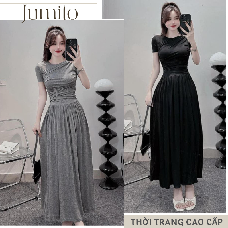 Váy nữ phong cách thời trang Jumato trẻ trung cá tính, đầm nữ tay ngắn dáng dài chất cotton tăm mềm mại cao cấp HCOM2474