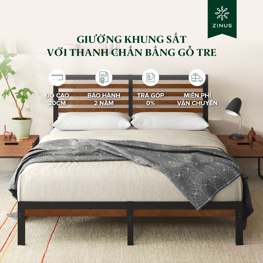 Ảnh Giường Khung Sắt Với Thanh Chắn Bằng Gỗ Tre  -  Kai Bamboo and Metal Platform Bed Frame & Headboard 1