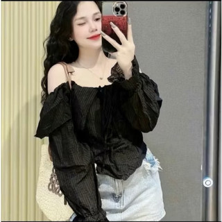 Áo kiểu trễ vai,tay dai hoe cột nơ,chất lụa tơ mềm, hai lớp có lót mút