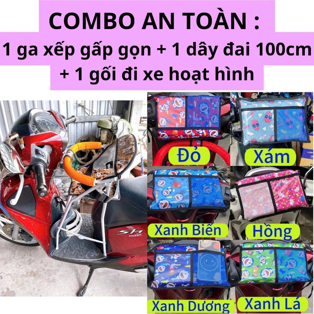 COMBO an toàn đi xe máy cho bé gồm 1 ghế ga xếp sắt sơn tĩnh điện gấp gọn được và 1 gối hoạt hình đi xe cho bé