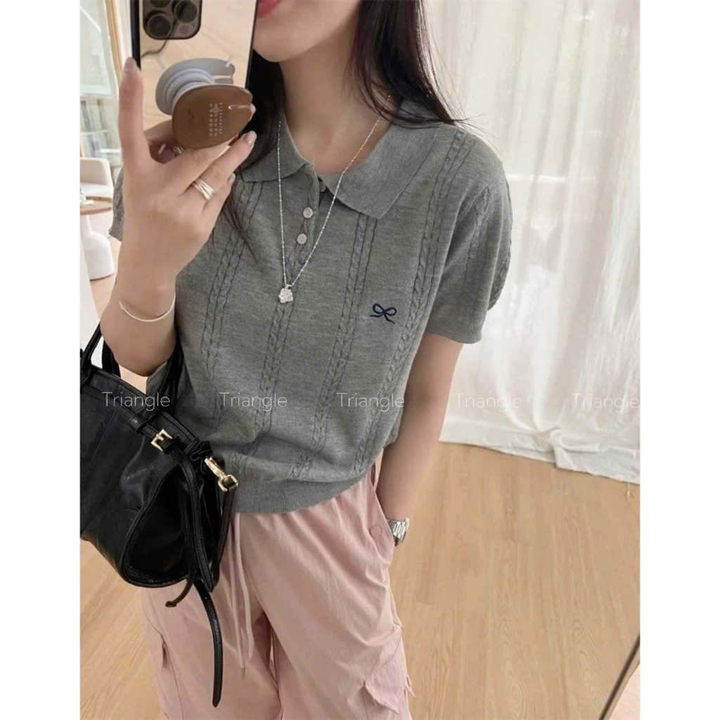 Triangle Grey Mongtoghi (Sale clear kho, không hoang) Áo len đan cộc tay mỏng phong cách cơ bản dành cho nữ