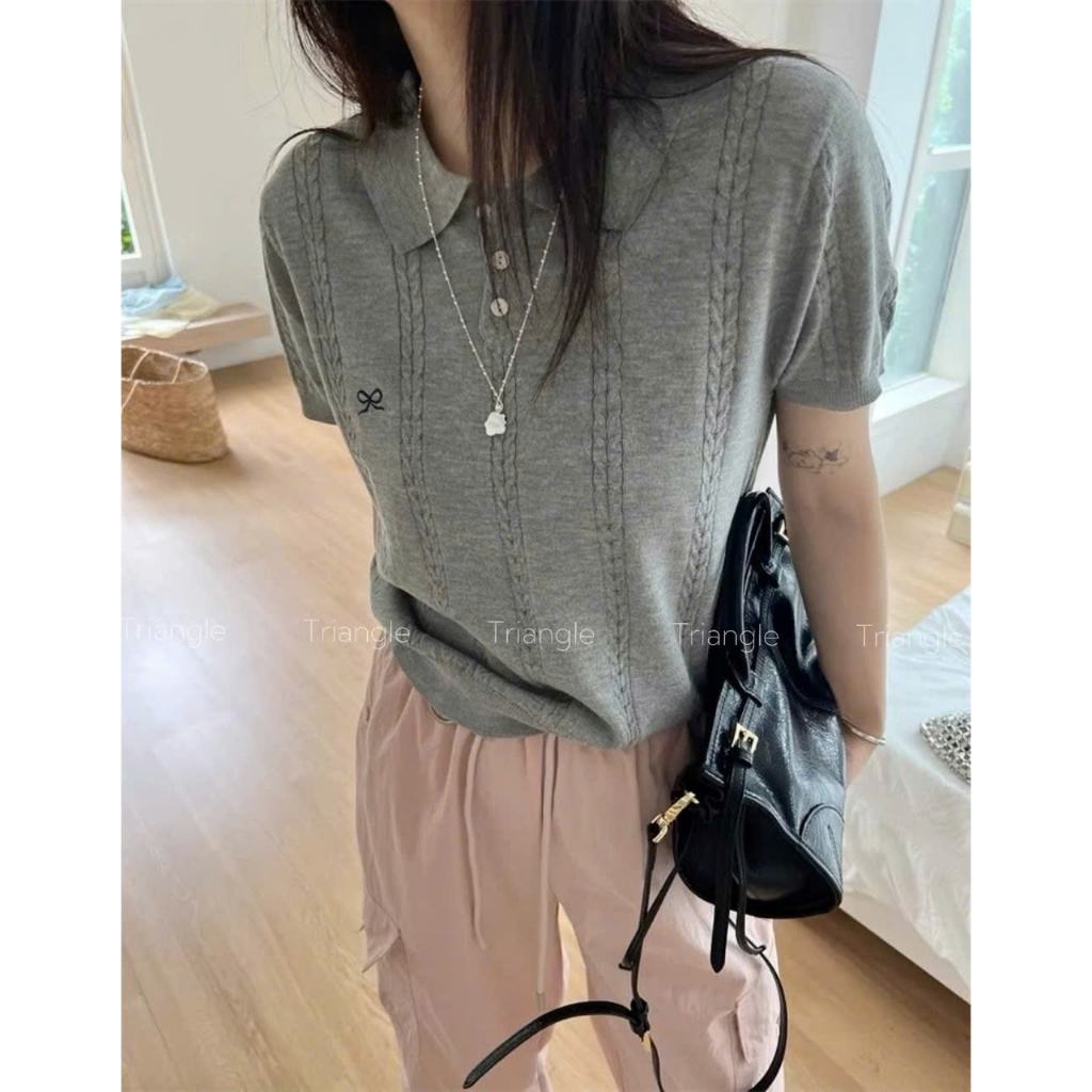 Triangle Grey Mongtoghi (Sale clear kho, không hoang) Áo len đan cộc tay mỏng phong cách cơ bản dành cho nữ