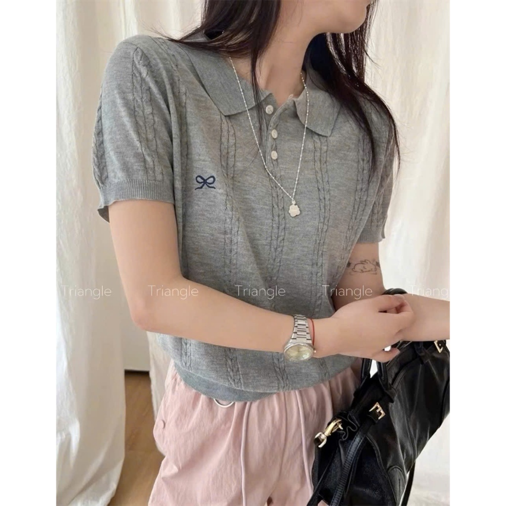 Triangle Grey Mongtoghi (Sale clear kho, không hoang) Áo len đan cộc tay mỏng phong cách cơ bản dành cho nữ