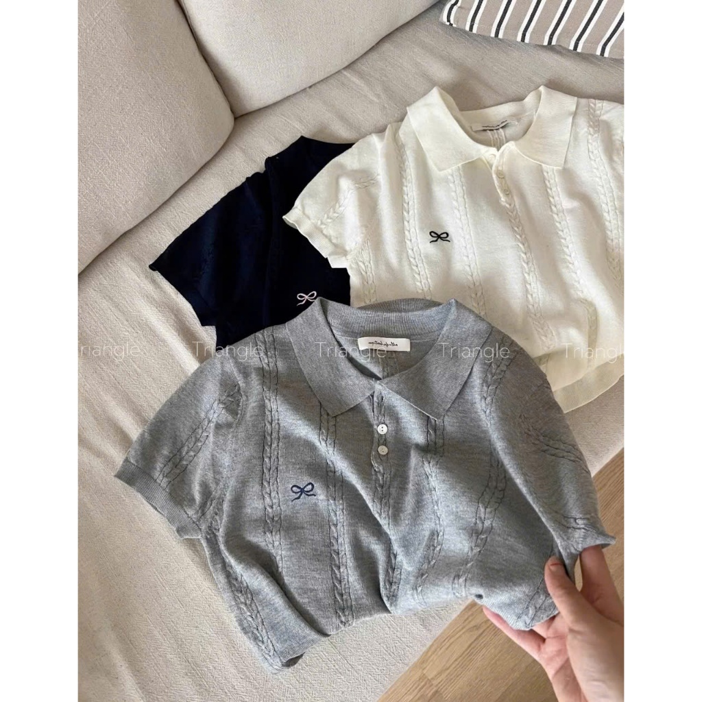 Triangle Grey Mongtoghi (Sale clear kho, không hoang) Áo len đan cộc tay mỏng phong cách cơ bản dành cho nữ