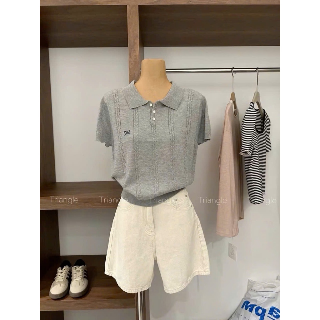 Triangle Grey Mongtoghi (Sale clear kho, không hoang) Áo len đan cộc tay mỏng phong cách cơ bản dành cho nữ