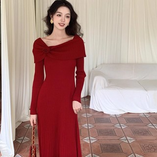 Đầm Dệt Kim Lệch Vai Cổ Điển Phong Cách Pháp Mùa Thu Đông AL09