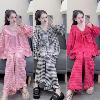 Bộ Ngủ Pyjama Nữ , Bộ Ngủ Mặc Nhà Cổ Tim Tay Dài Kẻ Xốp