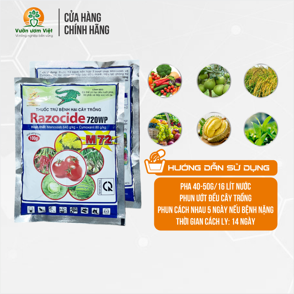 Thuốc trừ bệnh RAZOCIDE 720WP trị úng lá, chảy mủ, thối rễ, bạc lá, rỉ sắt trên cây trồng - 100gr